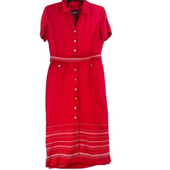 Positive Attitude Dress Womens 14 Red Linen Blend Button Front Midi Dress - Picture 15 of 15